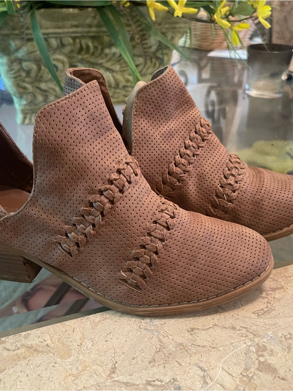 Universal Thread Perforated Braided Ankle Booties in Brown